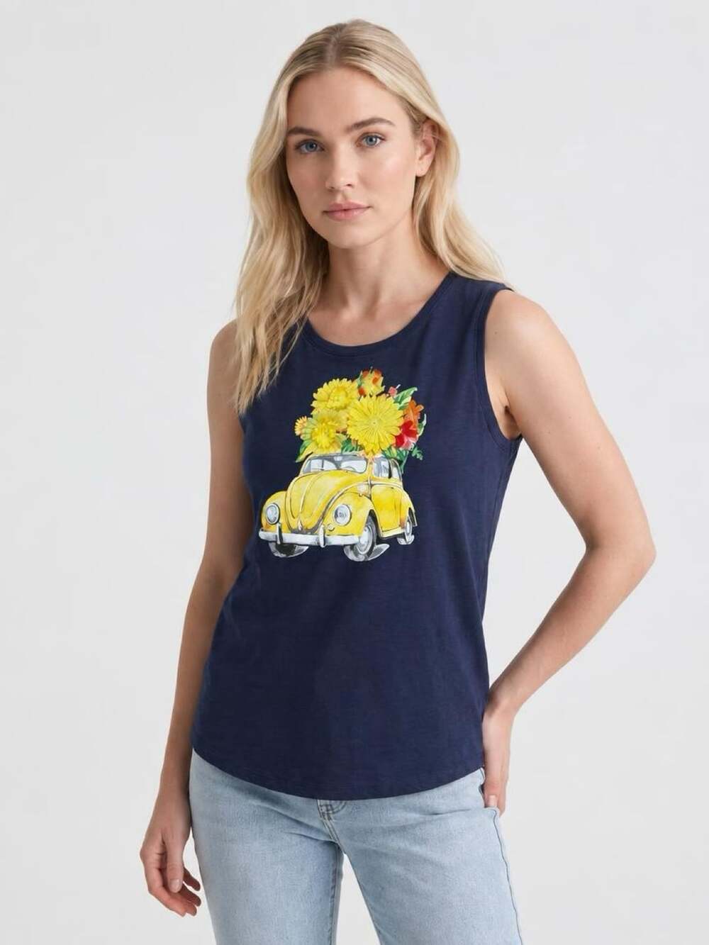 Kiwi Fresh Graphic Tank Top Size M Navy Yellow Car Flowers